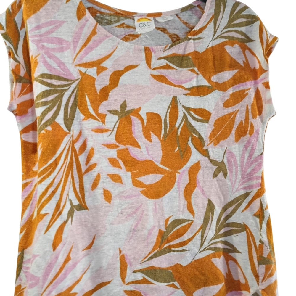 EUC C&C California Blouse Women S 100% Linen Floral Tropical Summer Short Sleeve - Picture 3 of 7